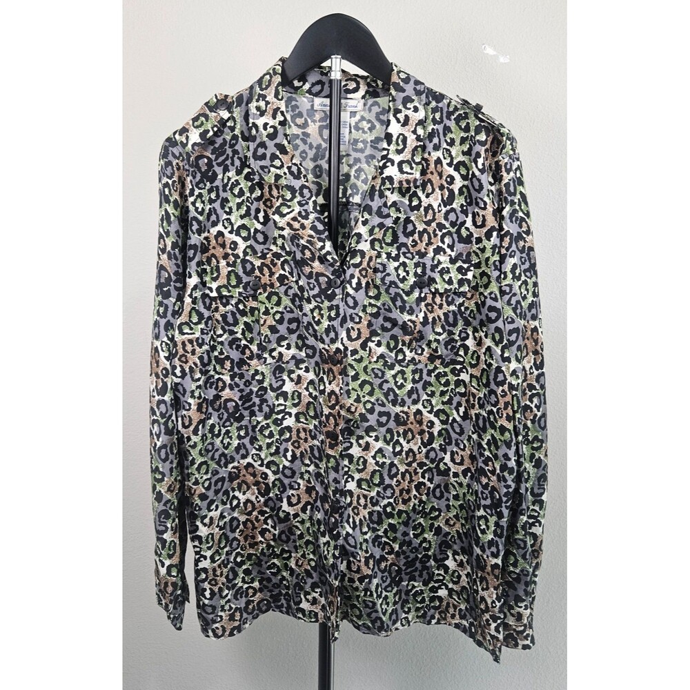 Anna and Frank 100% Silk Blouse Womens L Leopard Print Safari Utility Button Top